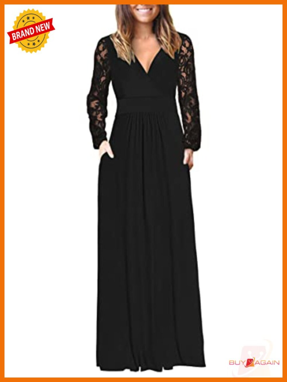 Lace Long Sleeve Maxi Dress V Neck Empire Waist Pockets Formal Party